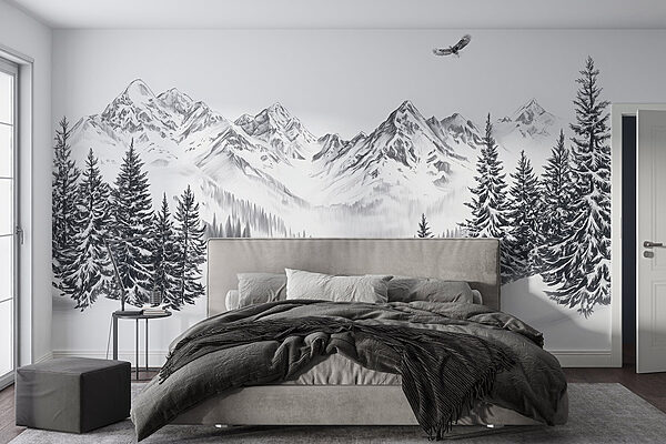 Paisagem de montanha nevada com árvores e um pássaro a voar sobre ela Papel de parede Paisagem de montanha nevada com árvores e um pássaro a voar sobre ela