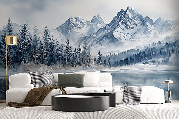 Papel de parede Lago com montanhas cobertas de neve e árvores (REF: w02358) Papel de parede Papel de parede Lago com montanhas cobertas de neve e árvores (REF: w02358)