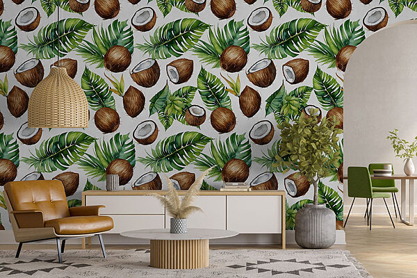 Padrão de cocos e folhas Papel de parede Padrão de cocos e folhas