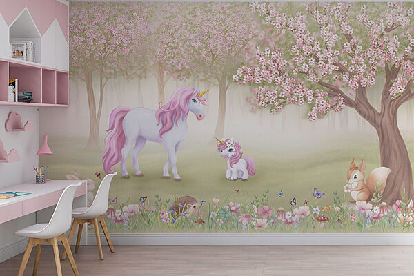 Unicórnio e um esquilo numa floresta Papel de parede Unicórnio e um esquilo numa floresta
