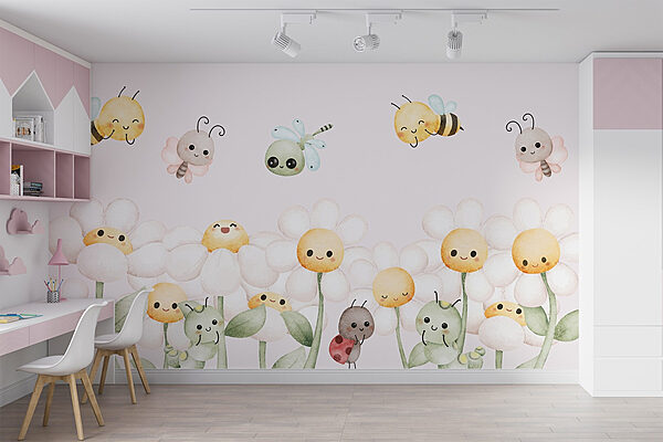 Grupo de insectos e flores de desenhos animados Papel de parede Grupo de insectos e flores de desenhos animados