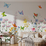 Papel de parede Pintura de flores e borboletas