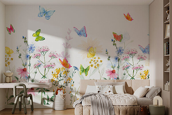 Pintura de flores e borboletas Papel de parede Pintura de flores e borboletas