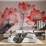 Papel de parede Grupo de flores cor-de-rosa com folhas