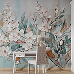 Papel de parede Pintura de flores sobre um fundo azul