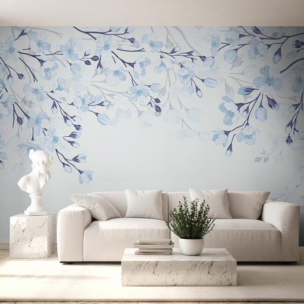 Papel de parede Papel de parede Flores brancas e azuis sobre um fundo branco (REF: w02200v1)