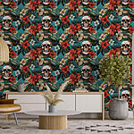 Papel de parede Padrão de flores e caveiras