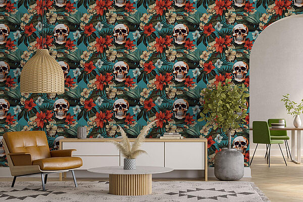Papel de parede Papel de parede Padrão de flores e caveiras (REF: w02122)
