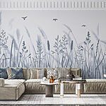 Papel de parede Campo de relva com pássaros a voar