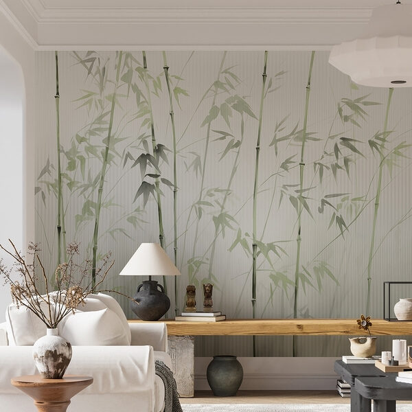 Papel de parede Papel de parede Caules de bambu com folhas pintadas (REF: w08390v2)