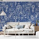 Papel de parede Padrão de rostos azul e branco