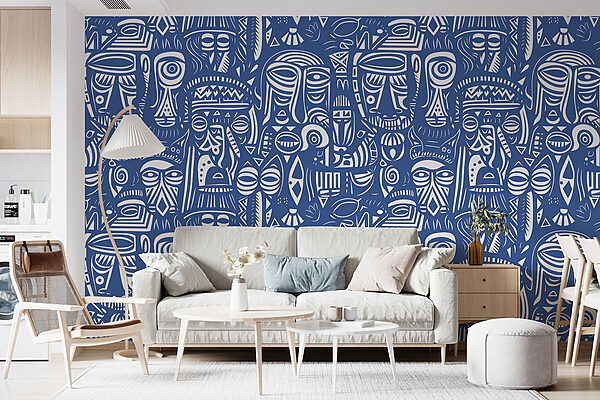 Padrão de rostos azul e branco Papel de parede Padrão de rostos azul e branco