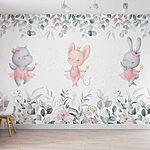 Papel de parede Grupo de animais com saias tutu cor-de-rosa e flores