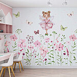 Papel de parede Aguarela de uma fada com um vestido cor-de-rosa rodeada de flores