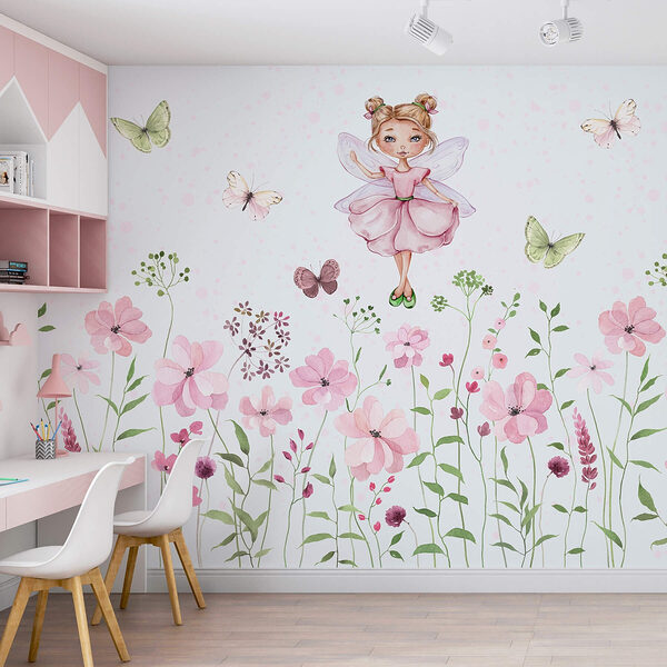 Aguarela de uma fada com um vestido cor-de-rosa rodeada de flores Papel de parede Aguarela de uma fada com um vestido cor-de-rosa rodeada de flores