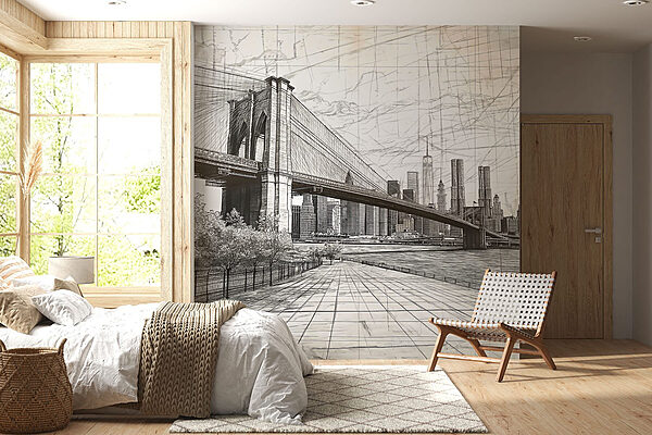 Desenho de uma ponte e de uma cidade Papel de parede Desenho de uma ponte e de uma cidade