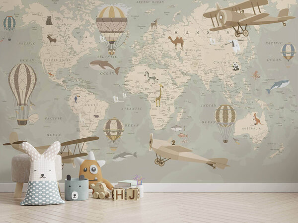Papel de parede Papel de parede Mapa do mundo com aviões e balões de ar quente (REF: u36066)