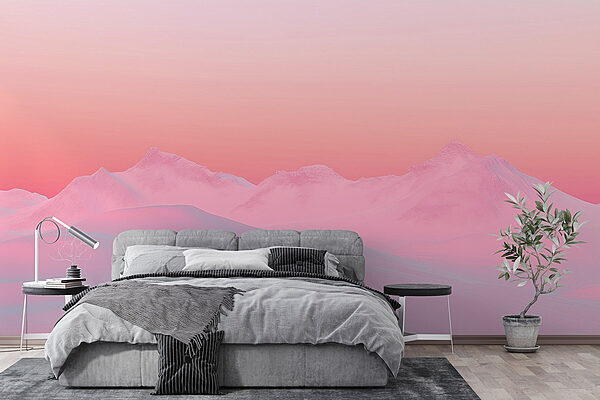 Céu cor-de-rosa e azul sobre uma cadeia de montanhas nevadas Papel de parede Céu cor-de-rosa e azul sobre uma cadeia de montanhas nevadas
