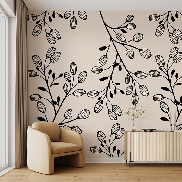 Padrão de folhas a preto e branco Papel de parede Padrão de folhas a preto e branco