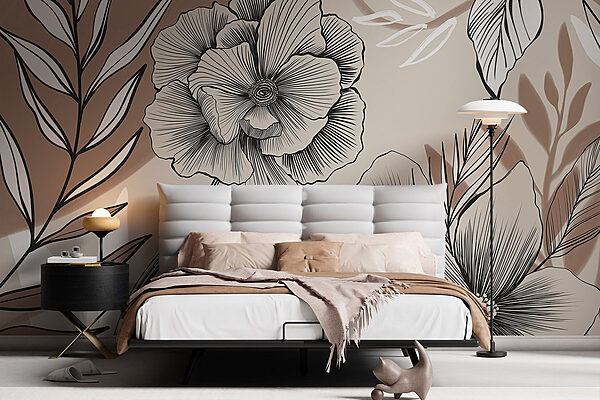 Elegância floral a preto e branco Papel de parede Elegância floral a preto e branco
