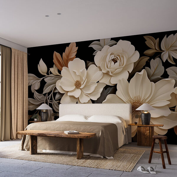 Grupo de flores brancas com folhas castanhas Papel de parede Grupo de flores brancas com folhas castanhas