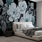 Papel de parede Grupo de flores brancas com folhas pretas