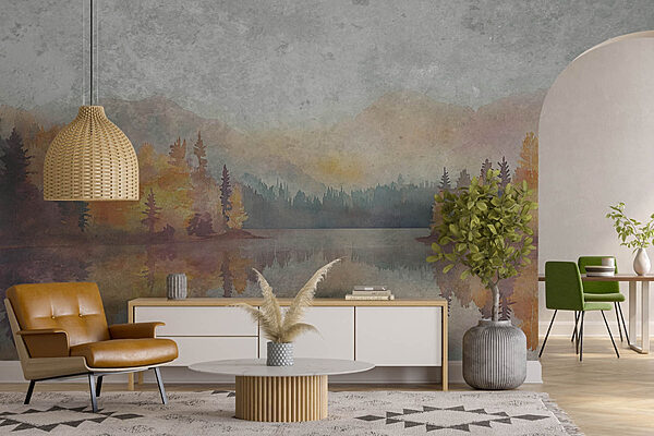Pintura a aguarela de um lago com árvores e montanhas Papel de parede Pintura a aguarela de um lago com árvores e montanhas