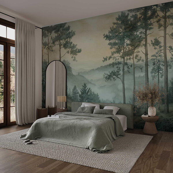 Pintura de uma floresta com nevoeiro Papel de parede Pintura de uma floresta com nevoeiro
