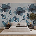 Papel de parede Flores e folhas azuis