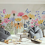 Papel de parede Pintura de flores e borboletas