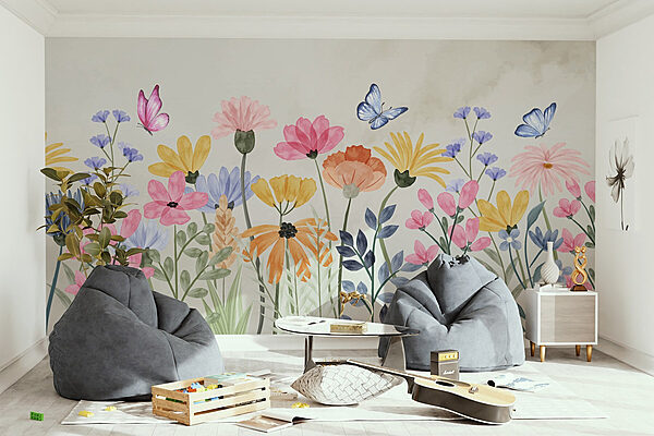 Pintura de flores e borboletas Papel de parede Pintura de flores e borboletas