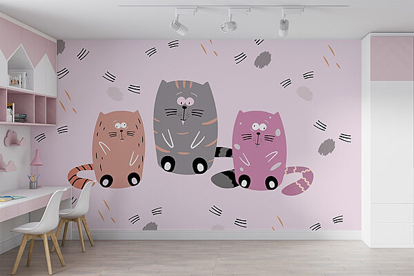 Grupo de gatos sentados numa superfície cor-de-rosa Papel de parede Grupo de gatos sentados numa superfície cor-de-rosa