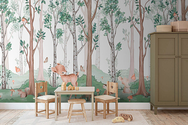 Papel de parede Papel de parede Papel de parede com uma floresta de árvores e animais (REF: w02771)