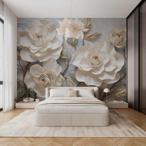 Flores e folhas brancas sobre uma superfície branca Papel de parede Flores e folhas brancas sobre uma superfície branca