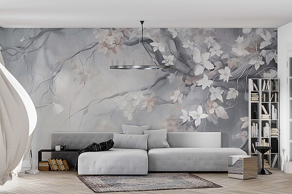 Pintura de uma árvore com flores brancas Papel de parede Pintura de uma árvore com flores brancas