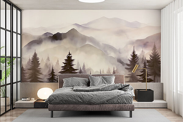 Papel de parede Paisagem de montanhas e árvores