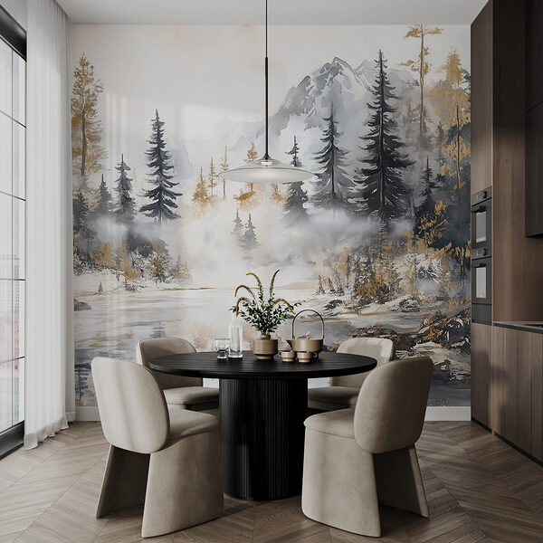 Papel de parede Pintura a aguarela de uma floresta e montanhas