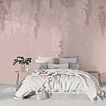 Papel de parede Fundo cor-de-rosa e branco com folhas e borboletas