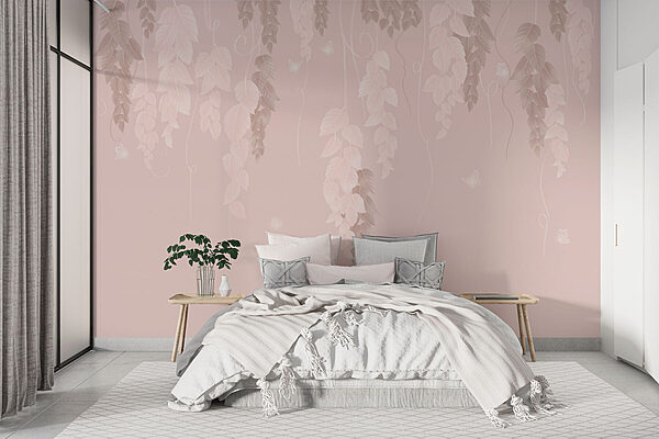 Fundo cor-de-rosa e branco com folhas e borboletas Papel de parede Fundo cor-de-rosa e branco com folhas e borboletas