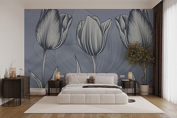 Linha de flores sobre um fundo azul Papel de parede Linha de flores sobre um fundo azul