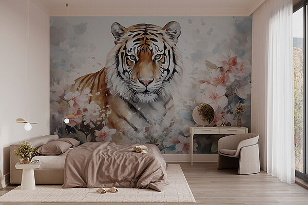 Papel de parede Tigre num jardim florido (REF: w02892) Papel de parede Papel de parede Tigre num jardim florido (REF: w02892)