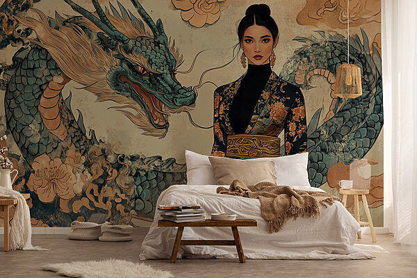 Mulher com um quimono e um dragão Papel de parede Mulher com um quimono e um dragão