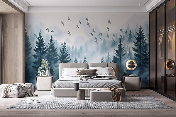 Pássaros a voar sobre uma floresta Papel de parede Pássaros a voar sobre uma floresta