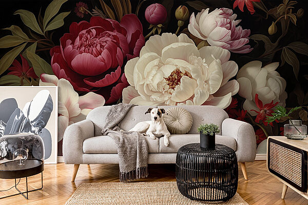 Papel de parede Pintura de flores sobre um fundo preto