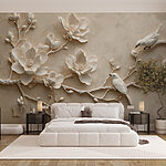 Papel de parede Pássaro branco num ramo com flores