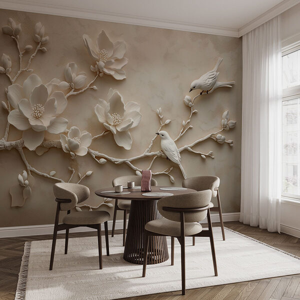 Papel de parede Pássaro branco num ramo com flores