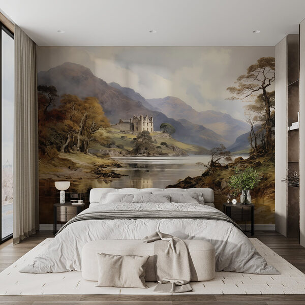 Pintura a aguarela de um castelo numa colina com árvores e montanhas Papel de parede Pintura a aguarela de um castelo numa colina com árvores e montanhas