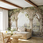 Papel de parede Pintura a aguarela de um arco de pedra com árvores e um lago