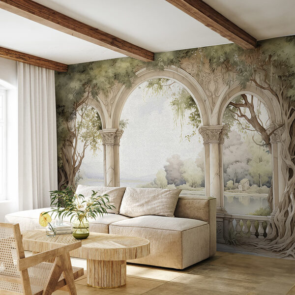 Papel de parede Pintura a aguarela de um arco de pedra com árvores e um lago (REF: w02976) Papel de parede Papel de parede Pintura a aguarela de um arco de pedra com árvores e um lago (REF: w02976)
