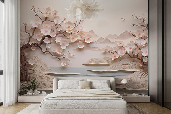 Recorte de papel de uma árvore com flores e água Papel de parede Recorte de papel de uma árvore com flores e água